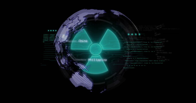 Image of nuclear symbol and globe over data processing - Powered by Adobe