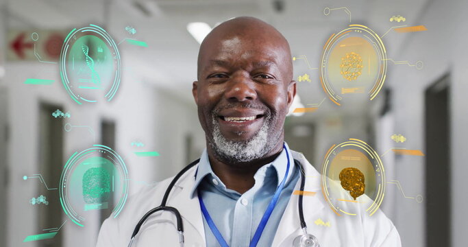 Image of science data over biracial male doctor smiling - Powered by Adobe
