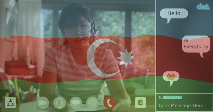 Image of flag of azerbaijan over asian woman having image call - Powered by Adobe