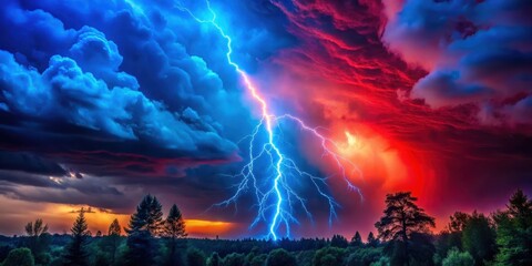 Obraz premium Intense red lightning bolt illuminates a dark stormy sky with vibrant electric blue clouds and towering trees in the foreground, Thunderstorm, Stormy Weather