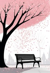 Serene Park Bench Under Cherry Blossom Tree