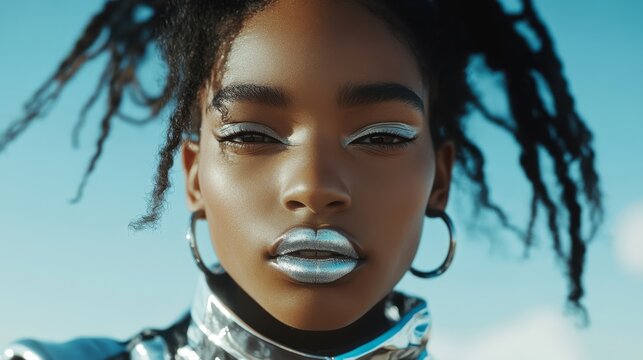 Model with metallic silver lips in futuristic outfit