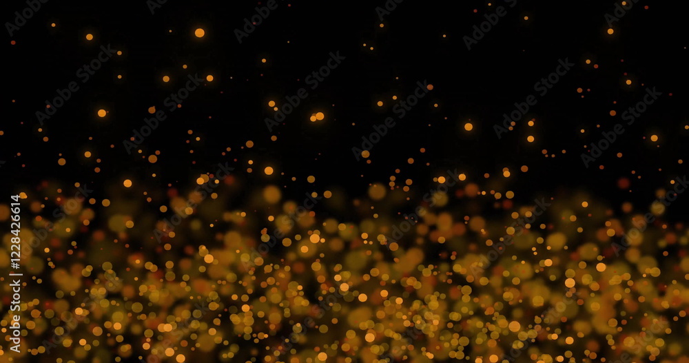 Poster golden particles floating and glowing over dark background, creating magical image