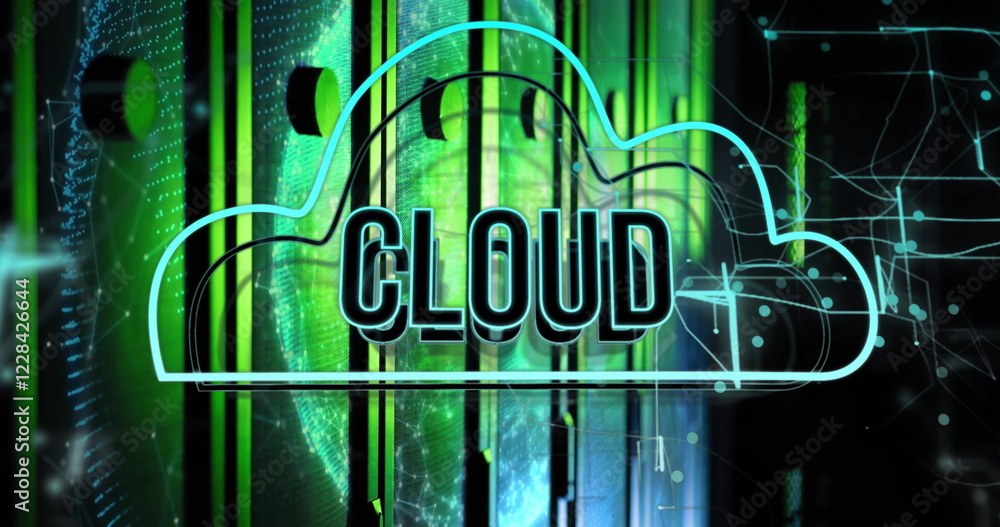 Poster image of cloud text and digital data processing over computer servers