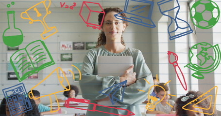 Image of school items icons over diverse female teacher with schoolchildren in classroom