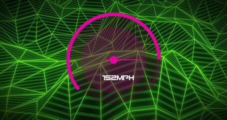 Image of speedometer over green shapes moving
