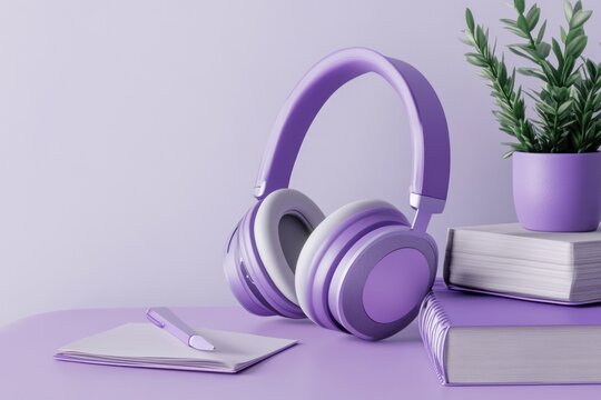 Headphones and textbooks for online language class in grayscale purple white realism