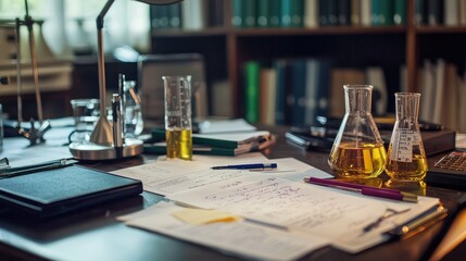 Laboratory Workspace with Glassware, Papers, and Stationery Items