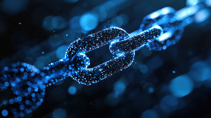 A Digital blockchain chain link with glowing particles and blue background