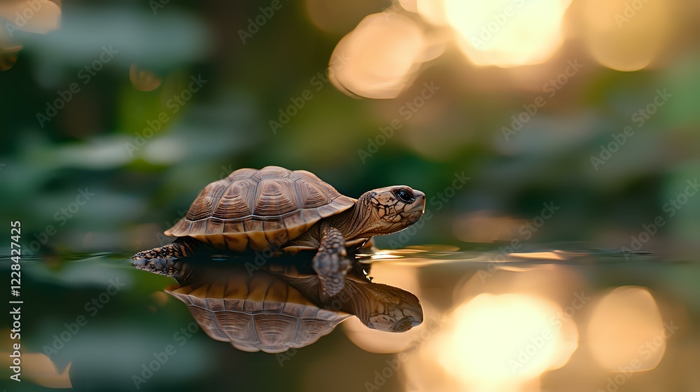 Poster small turtle swimming in calm water with mirror reflection against blurred bokeh background in warm 