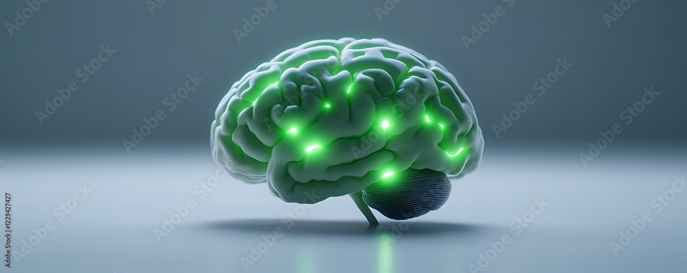 Aufkleber glowing green brain model with illuminated neural connections on gray background shows artificial in