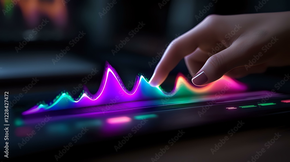 Poster vibrant neon waveform graph with rainbow colors glowing in dark environment, finger touching interac