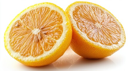 Two halves of a lemon, showcasing its juicy interior and textured surface.