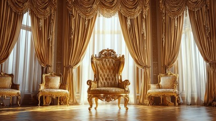 Luxurious Golden Throne with Elegant Drapes in Opulent Room
