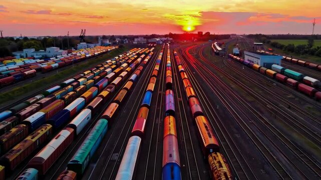 Scenic Sunset Over Colorful Train Yard Footage
