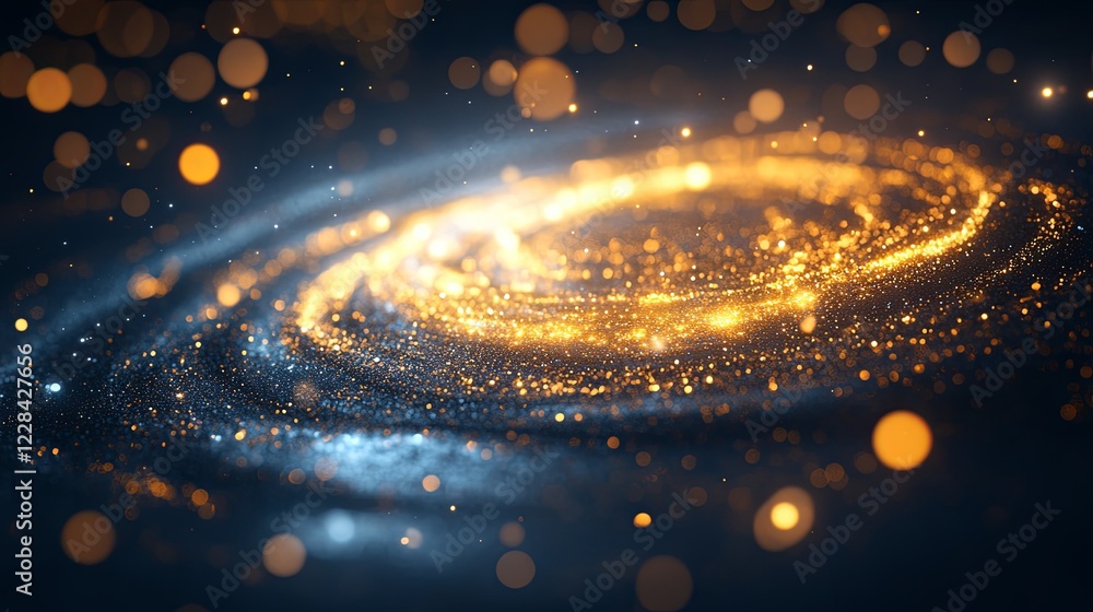 Poster view captivating galaxy rotating with sparkling stars and planets in elegant orbits against a dark c