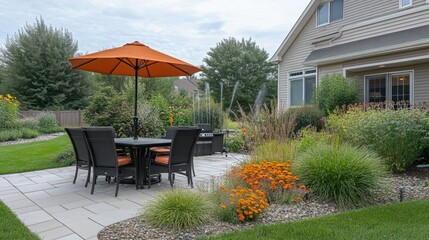 Backyard oasis with automatic sprinklers hydrating the landscape, framed by colorful flower beds and shrubs.