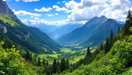 Fototapeta premium Majestic Alpine Valley Panorama: Breathtaking View of Verdant Slopes and Mountain Peaks under a Summer Sky