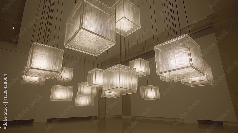 Poster floating glass cubes rotate and collide softly, creating vibrant reflections in a modern art setting
