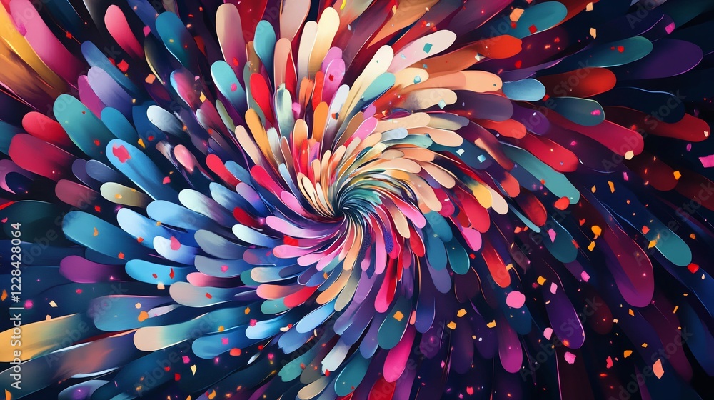 Poster colorful swirl of abstract shapes and particles on dark background