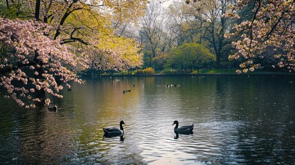 Serene Lake with Ducks Under Cherry Blossom Trees in Springtime