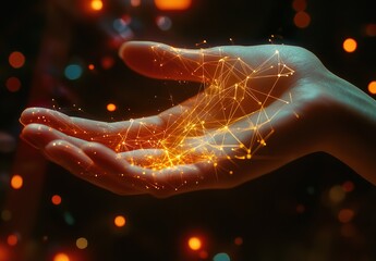 Woman hand holding global network connection