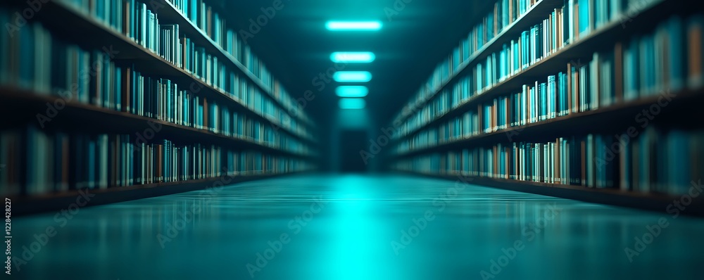 Poster library corridor with rows of books stretching into distance, illuminated by dramatic cyan lighting 