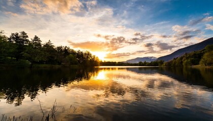 Fototapeta premium A stunning sunset over a calm lake with silhouettes of trees and mountains reflecting on the water.