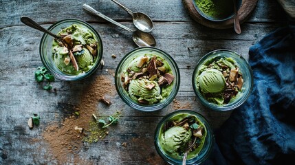 Chocolate and green tea ice cream served in transparent glass cups, placed on a rustic wooden surface with scattered matcha and cocoa powder.