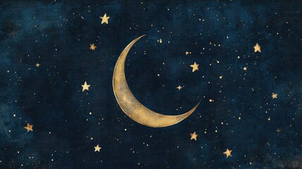 Fototapeta premium Night Sky with Golden Moon and Stars in Elegant Dark Background