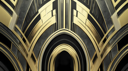 Abstract art deco. great gatsby geometric architecture background. retro vintage black, gold, and silver roaring texture, generative ai. Thunder Arch. Illustration