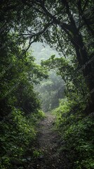 Obraz premium Enchanted Pathway Through Lush Forest in Misty Environment