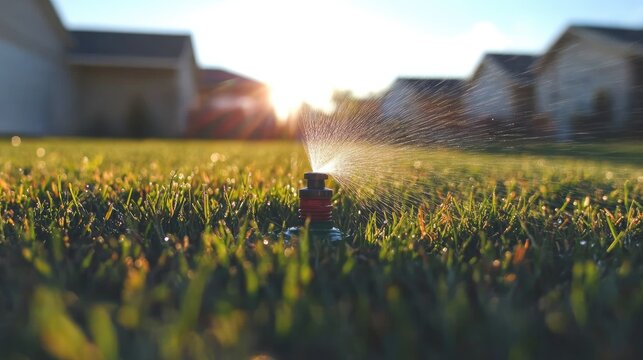 Close-up of a sprinkler spraying a fine mist of water over a lush green lawn during a sunny day.