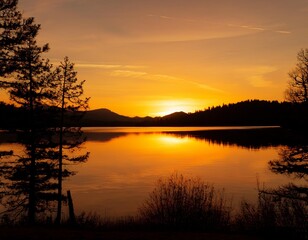 Fototapeta premium A stunning sunset over a calm lake with silhouettes of trees and mountains reflecting on the water.