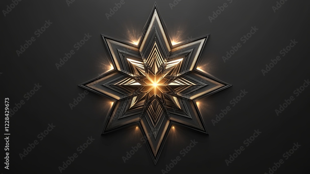 Poster spinning polygonal star transforms and breaks into smaller pieces, reshaping itself in a captivating