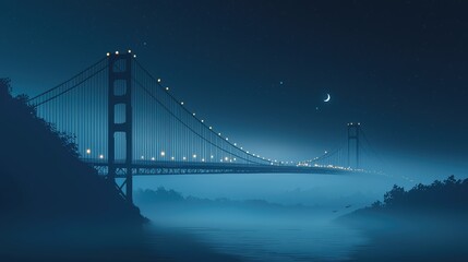 Fototapeta premium Foggy Night Scene of Bridge with Lantern Lights in Moonlight
