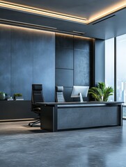 Modern tech startup office with sleek blue black furniture