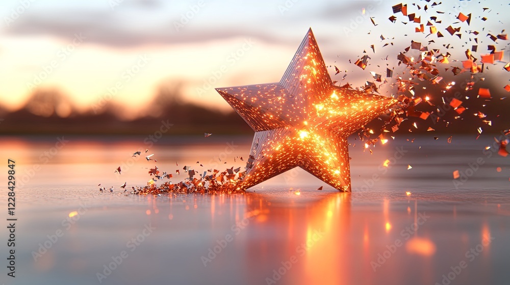 Poster spinning polygonal star breaks apart and reassembles into new shapes against a twilight background. 
