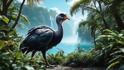 Fototapeta premium Prehistoric Bird in Lush Jungle Waterfall Landscape