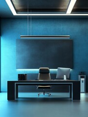 Modern tech startup office with sleek blue black furniture