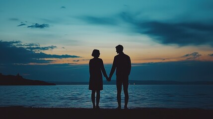 Fototapeta premium Silhouette of Couples Holding Hands Against Sunset Over Water