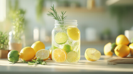 Refreshing citrus infused water in mason jar with rosemary against rustic wooden backdrop with copy space