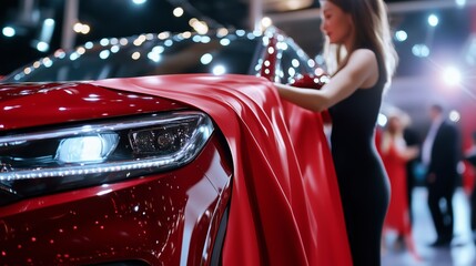 Elegant hostess unveiling a brand new red suv car under a red sheet during a prestigious car show, with blurred guests and lights in the background