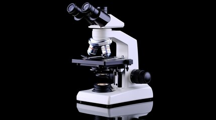Professional laboratory microscope with three objective lenses, placed dramatically on a black reflective surface.