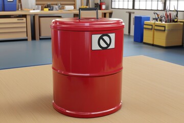 Red Safety Barrel with Hazard Sign in Workshop Environment for Industrial Waste Management and Safety Practices