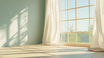 Fototapeta premium Minimalist interior with sunlit window and sheer curtains creating peaceful atmosphere with copy space