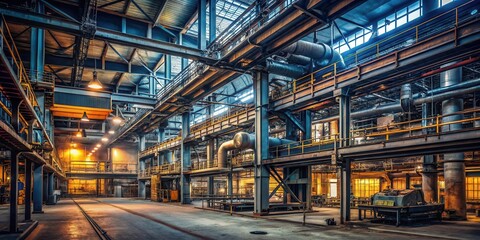 Industrial machinery in a dimly lit factory floor with metal beams and pipes, production, factory
