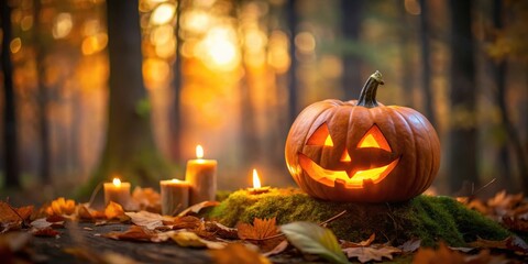 A carved pumpkin illuminated by a warm candlelit glow in a dimly lit autumnal forest, outdoor setting, autumn forest