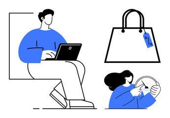 Man using laptop, woman holding credit card, large shopping bag with price tag. Ideal for online shopping, e-commerce, digital marketing, consumer behavior, business retail technology. Abstract