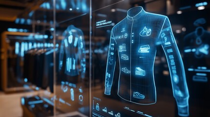 Holographic sweater projection featuring interactive display on transparent screen, representing cutting edge retail technology in augmented reality shopping environment